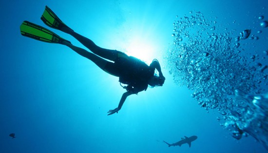 Diver in lagoon in Tahiti