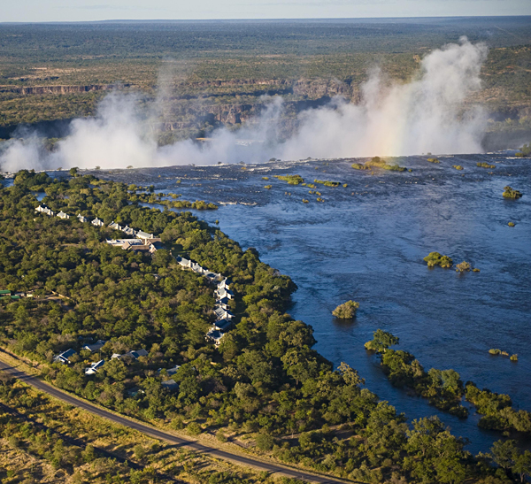 Aerial view of Royal Livingstone stay of distinction and Victoria Falls, Zambia