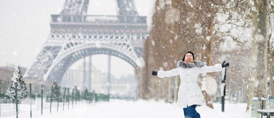 Winter in Paris with Happy Young Woman, France