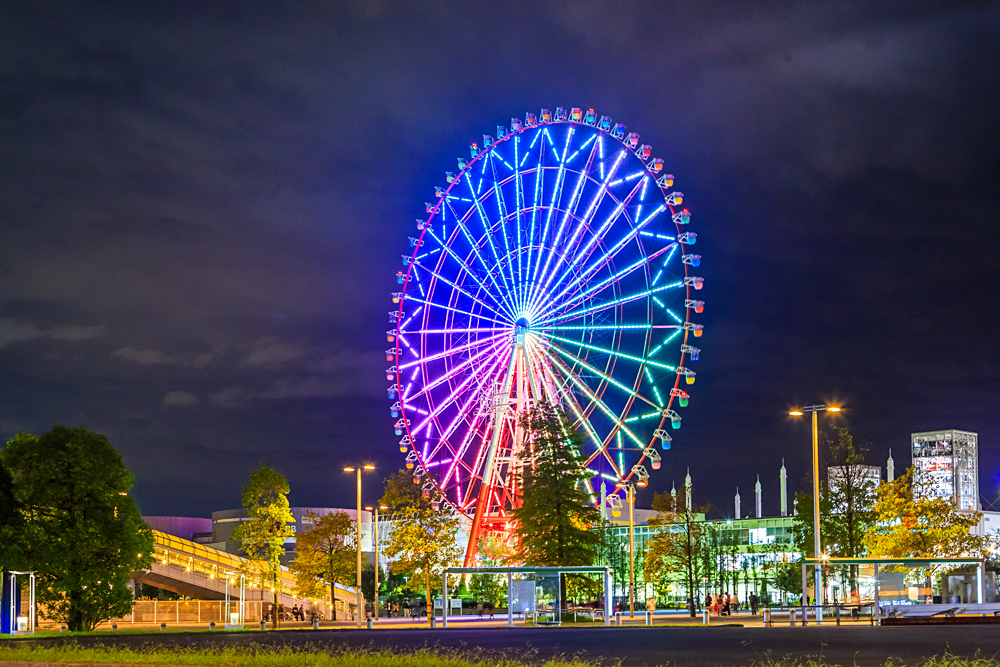 Night view of giant ferris wheel on the island of Odaiba