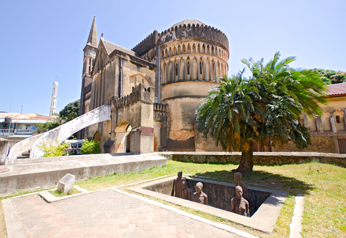 Stone Town Church, over top of the former Slave Market with a relatively new Slave Memorial in foreground