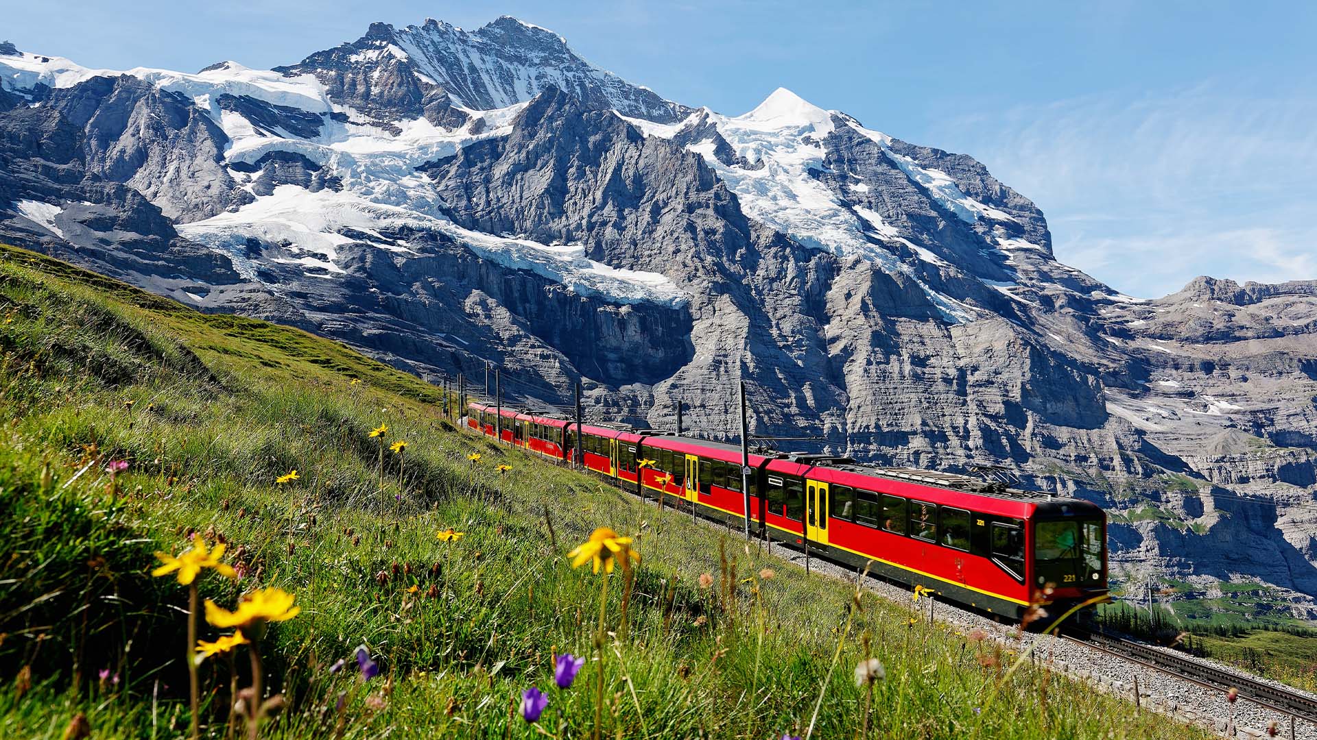 a red train cutting through the green mountainsides of Switzerland with snow-capped mountain backdrop