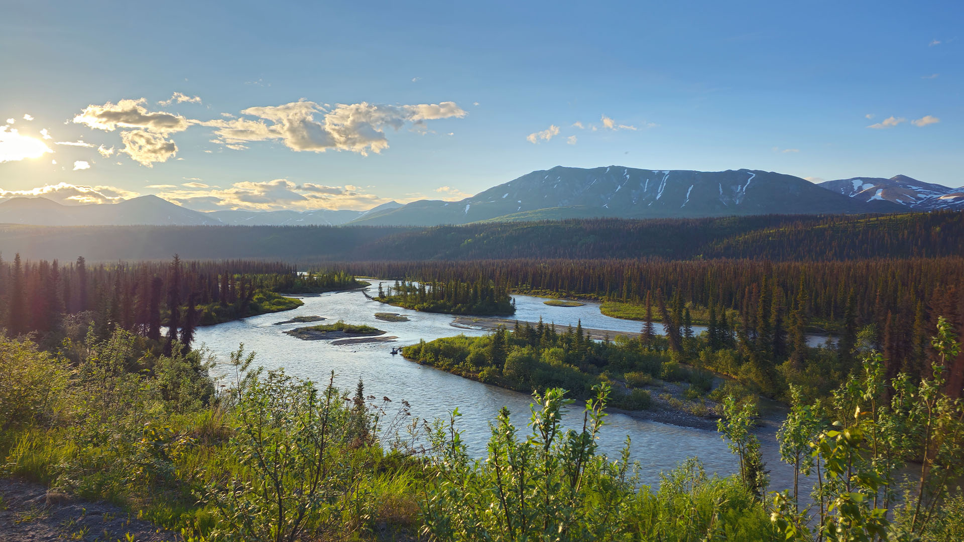 a landscape shot of Alaska in the summer with mountains and rivers