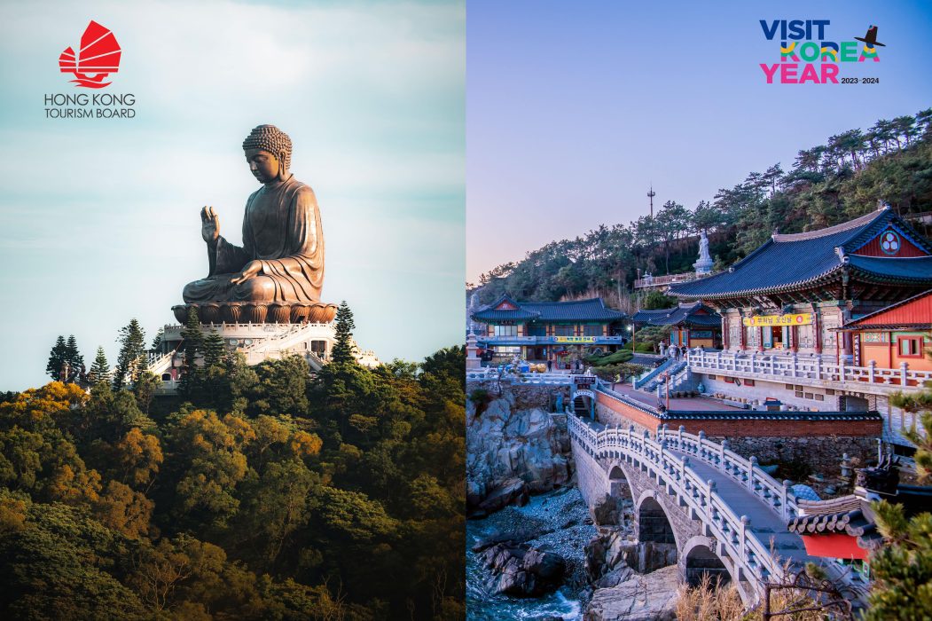 image of giant Buddha statue in Hong Kong and a coastal temple in South Korea.